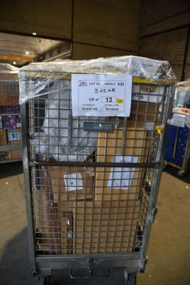 a cart with boxes and a sign on it in a warehouse
