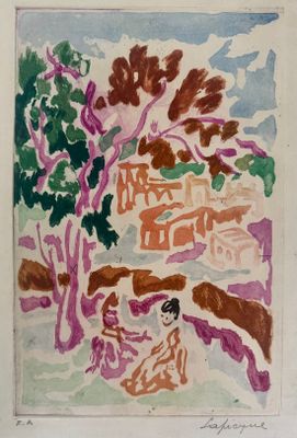 une image représentant un tableau où l'on voit une femme assise sous un arbre