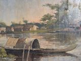 a picture of a painting of a boat on the water
