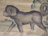 a painting of a dog that is walking in the grass