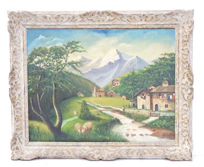 a picture of a painting of a mountain scene