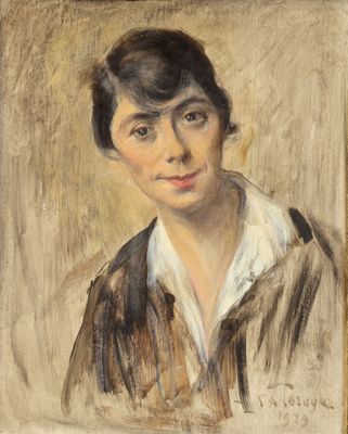 une image représentant un tableau d'une femme vêtue d'une veste marron