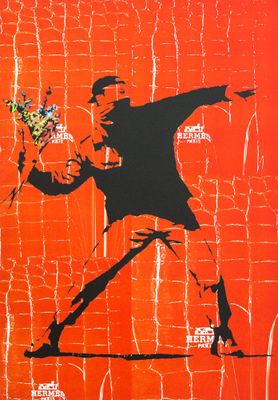 painting of a man throwing a bouquet of flowers on a red background