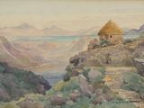an image of a painting of a small building on a hill