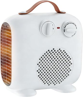 une image représentant une radio blanche munie d'une poignée en cuir marron