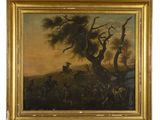 an oil painting of a group of men on horseback in a wooded landscape