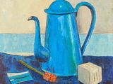 tableau représentant une théière bleue et un morceau de savon posés sur une nappe bleue
