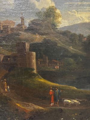 une peinture à l'huile représentant des personnages et des animaux dans un paysage, avec un château en arrière-plan