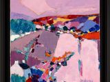 an oil painting of a colorful landscape with hills in the background