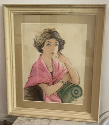 tableau représentant une femme en robe rose assise sur une chaise verte