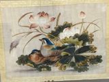 a picture of a painting of birds and flowers on display