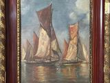 an oil painting of sailboats in a body of water