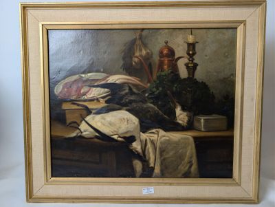 a painting of a still life with a cat on a table