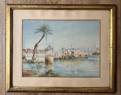 tableau représentant une vue de ville avec un palmier au premier plan