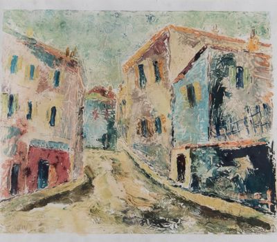 une image représentant une peinture d'une rue avec des bâtiments en arrière-plan