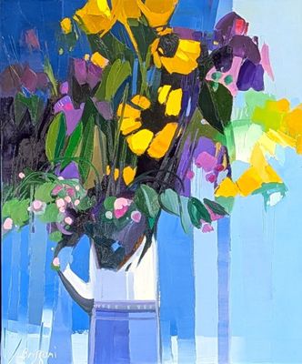 a painting of flowers in a vase on a table