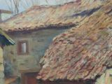 a painting of a horse standing in front of a building