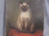 un tableau représentant un chat assis sur un coussin rouge