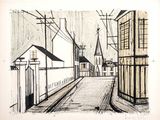 une image représentant un dessin d'une rue avec des bâtiments et des lignes téléphoniques