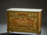 a chest of drawers with a marble top on a stand