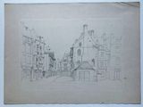 dessin au crayon représentant une scène de rue avec des bâtiments et une tour horloge