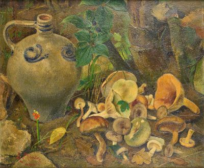 une peinture représentant un vase et des champignons posés par terre