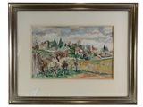 tableau encadré représentant une scène de vie à la ferme avec des vaches et une maison