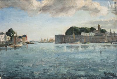 a painting of a harbor scene with boats in the water