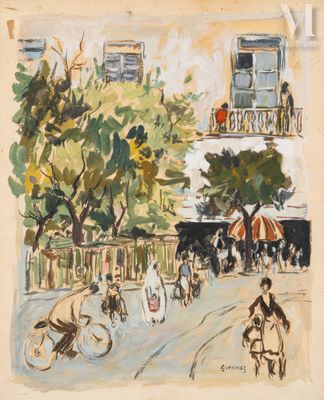une image représentant une peinture d'une rue de la ville où l'on voit des gens marcher et faire du vélo