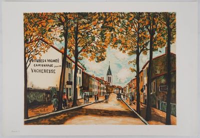une image représentant un tableau d'une rue avec des arbres et des bâtiments