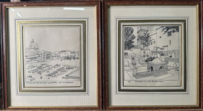 two framed drawings of a view of a city and a park