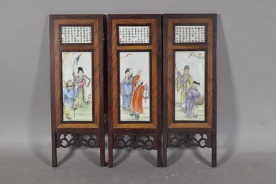 pair of antique chinese hand painted wooden folding screen