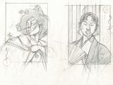 sketches of a woman in a kimono suit and a man in a kimono suit