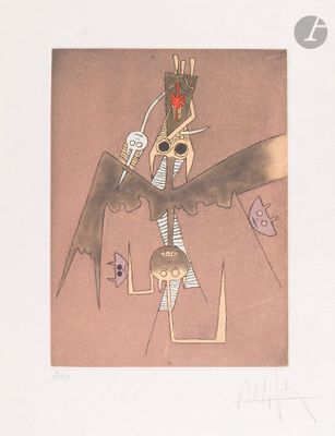drawing of a man with a bird on his head and a skull on his arm