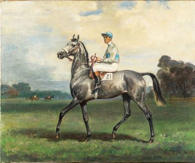 une peinture représentant un homme à cheval dans un champ