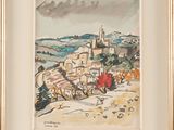 an image of a painting of a village with a church in the distance