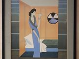 tableau représentant une femme en robe bleue en train de fumer une cigarette dans une salle de bains