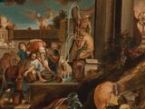 painting of a group of people gathered around a fountain in a park