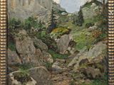 an oil painting of a mountain scene with rocks and trees