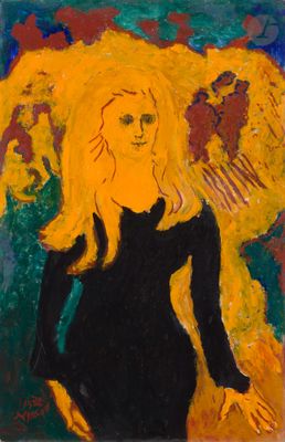 une peinture à l'huile représentant une femme en robe noire debout devant une carte