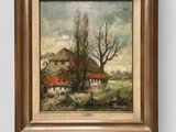 an oil painting of a farm with a thatched roof and trees