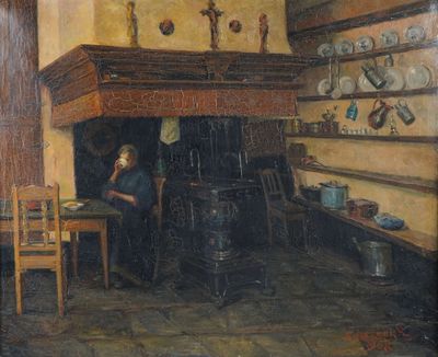 a painting of a woman sitting at a table in a kitchen