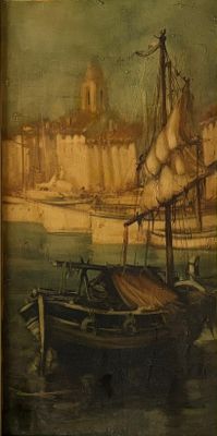 peinture d'un bateau sur un plan d'eau avec une ville en arrière-plan