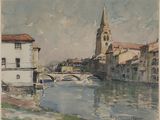 une aquarelle représentant une rivière, avec des bâtiments et une tour horloge en arrière-plan