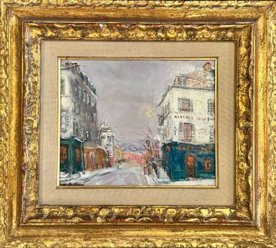 une peinture à l'huile représentant une scène de rue avec des bâtiments et une calèche