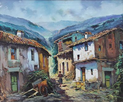 COMPAGNY (XXème), "Village des Pyrénées", huile sur toile si…
