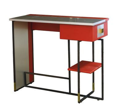 an image of a red desk with a black top and metal legs