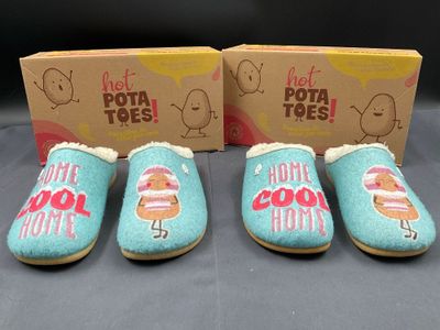 three pairs of blue slippers with hot dogs on them in front of a box