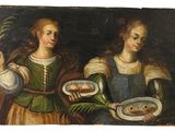 painting of two women holding plates of food in front of a white background