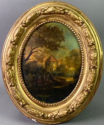 une peinture d'un paysage avec une maison au loin